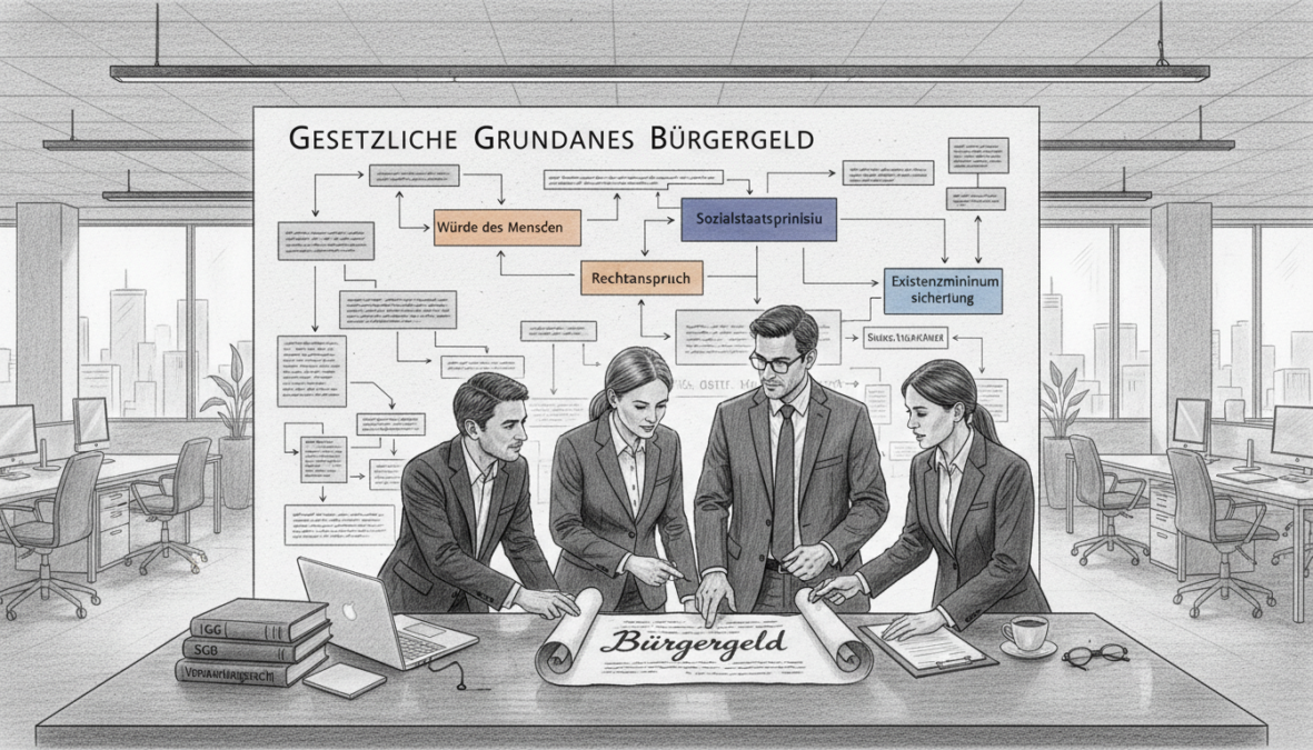A detailed black and white illustration depicting the concept of "Gesetzliche Grundlagen Bürgergeld." In the foreground, show a diverse group of professional individuals in business attire, engaged in a discussion around a large document labeled "Bürgergeld." Include a well-organized desk with legal books and a laptop, emphasizing a sense of collaboration and focus. In the middle ground, integrate a large wall with diagrams and charts that reflect the legal structure and foundations of citizen income, with selective color accents highlighting key areas of importance. The background features a modern office space with soft lighting, ensuring a serious yet approachable atmosphere. The composition should convey professionalism and clarity, capturing the essence of law and governance in a contemporary setting.