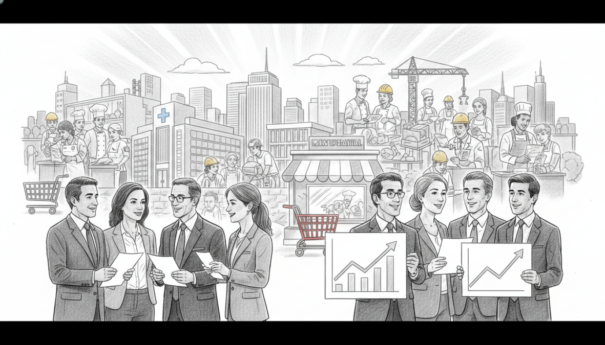 A detailed black-and-white illustration depicting the impacts of a minimum wage increase across various industries. In the foreground, a diverse group of professionals in business attire—men and women of different ethnicities—engaged in discussion, holding documents and graphs showing rising wage trends. The middle layer features a stylized cityscape with iconic buildings representing multiple industries like healthcare, construction, and retail, subtly illustrated with color accents to draw attention. In the background, a bustling work environment, showcasing people in various job roles, highlighting the bustling economic activity. Use soft, diffused lighting for a hopeful atmosphere, with a slightly elevated angle to capture the interactions and the broader context of the industries affected, emphasizing the significance of the minimum wage on employment.
