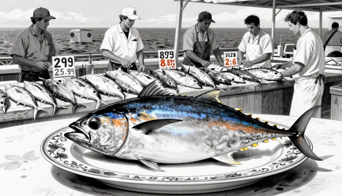 A detailed black and white illustration depicting the reasons for high fish prices, emphasizing the rare bluefin tuna and other exotic fish species. In the foreground, a beautifully rendered bluefin tuna rests on a delicate porcelain plate, adorned with intricate details. In the middle ground, a vibrant fish market scene unfolds, showcasing fishermen in professional attire discussing price tags displayed on fresh catches. The background boasts a serene ocean landscape under soft, ambient lighting that hints at the depths where these fish are captured. Brightly colored accents emphasize the seafood and price tags, creating a visually striking contrast against the monochrome setting. The mood conveys a blend of elegance and intrigue, illustrating the high stakes of seafood pricing.