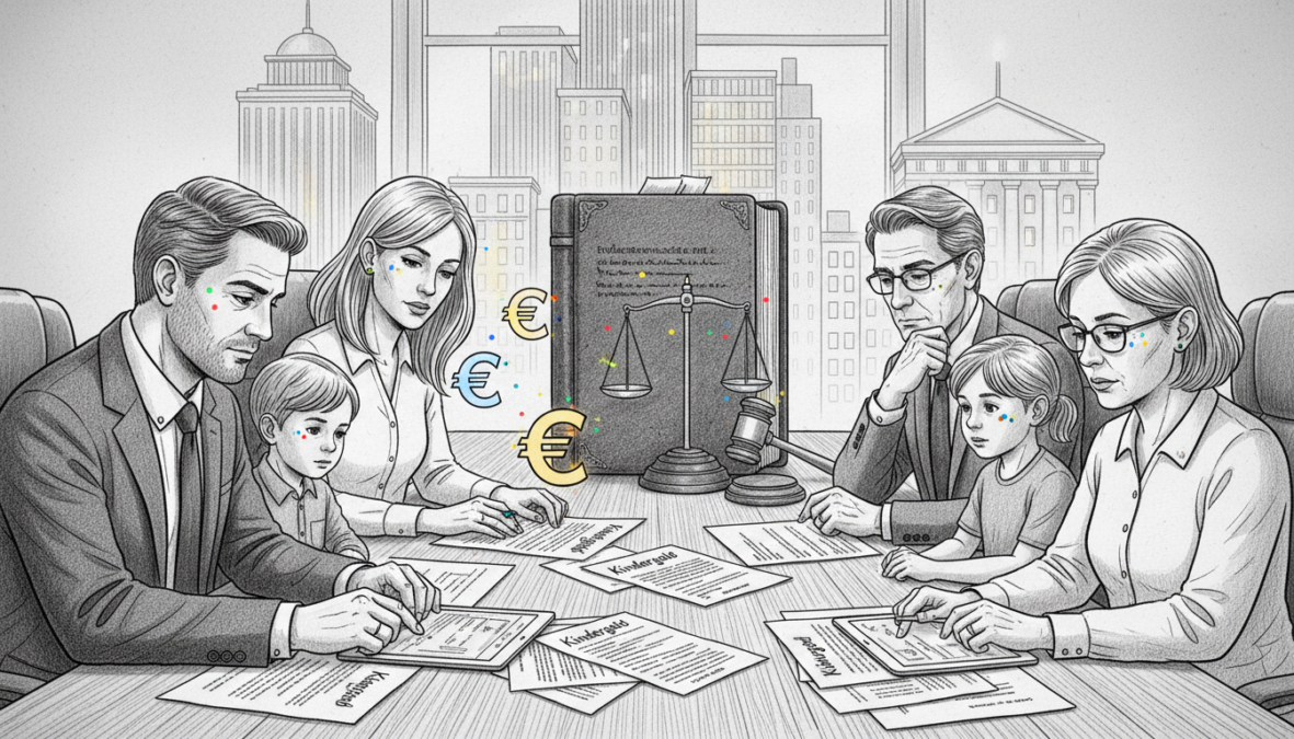 A detailed black and white illustration featuring a professional setting that embodies the concept of "Kindergeld" legal foundations. In the foreground, depict a sitting family of diverse individuals, looking thoughtful as they review official documents on a table, emphasizing their engagement with legal matters. The middle ground should depict an open law book, with legal symbols and the Euro sign subtly added for emphasis, symbolizing financial support. In the background, outline a stylized cityscape that suggests a bureaucratic environment, with government buildings faintly visible. Use sharp, clear lines with pointilized accents in vibrant colors to highlight important elements like the family's expressions and legal symbols, creating a focused yet dynamic atmosphere. Illuminate the scene with soft, natural lighting, enhancing the mood of trust and security.