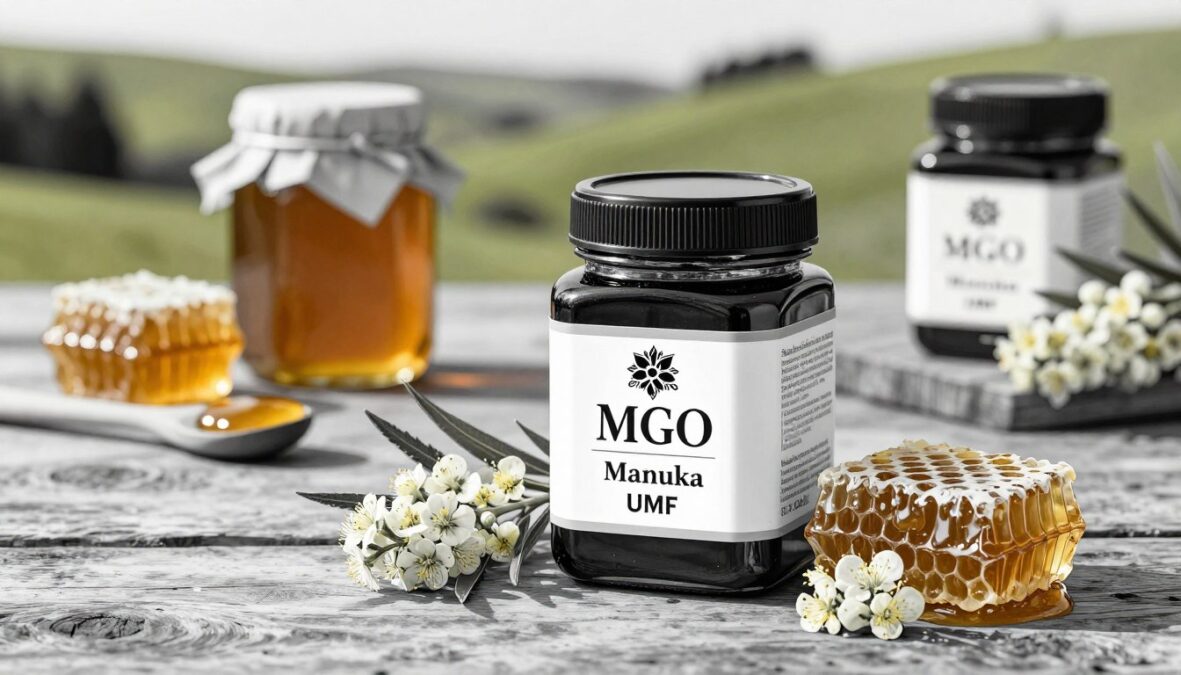 A detailed black and white illustration of a jar of Manuka honey prominently displayed in the foreground, surrounded by delicate Manuka flowers and honeycomb. The jar should be labeled with "MGO" and "UMF" markers, emphasizing its quality and origin from New Zealand. In the middle ground, softly blurred, show a rustic wooden table with additional honey jars and a small wooden spoon. In the background, include hints of rolling green hills characteristic of New Zealand, bathed in warm, natural daylight with gentle shadows. The atmosphere is serene and inviting, evoking a sense of purity and health, with selective color accents on the honey and flowers to create focal points. A detailed black and white illustration of a jar of Manuka honey prominently displayed in the foreground, surrounded by delicate Manuka flowers and honeycomb. The jar should be labeled with "MGO" and "UMF" markers, emphasizing its quality and origin from New Zealand. In the middle ground, softly blurred, show a rustic wooden table with additional honey jars and a small wooden spoon. In the background, include hints of rolling green hills characteristic of New Zealand, bathed in warm, natural daylight with gentle shadows. The atmosphere is serene and inviting, evoking a sense of purity and health, with selective color accents on the honey and flowers to create focal points.