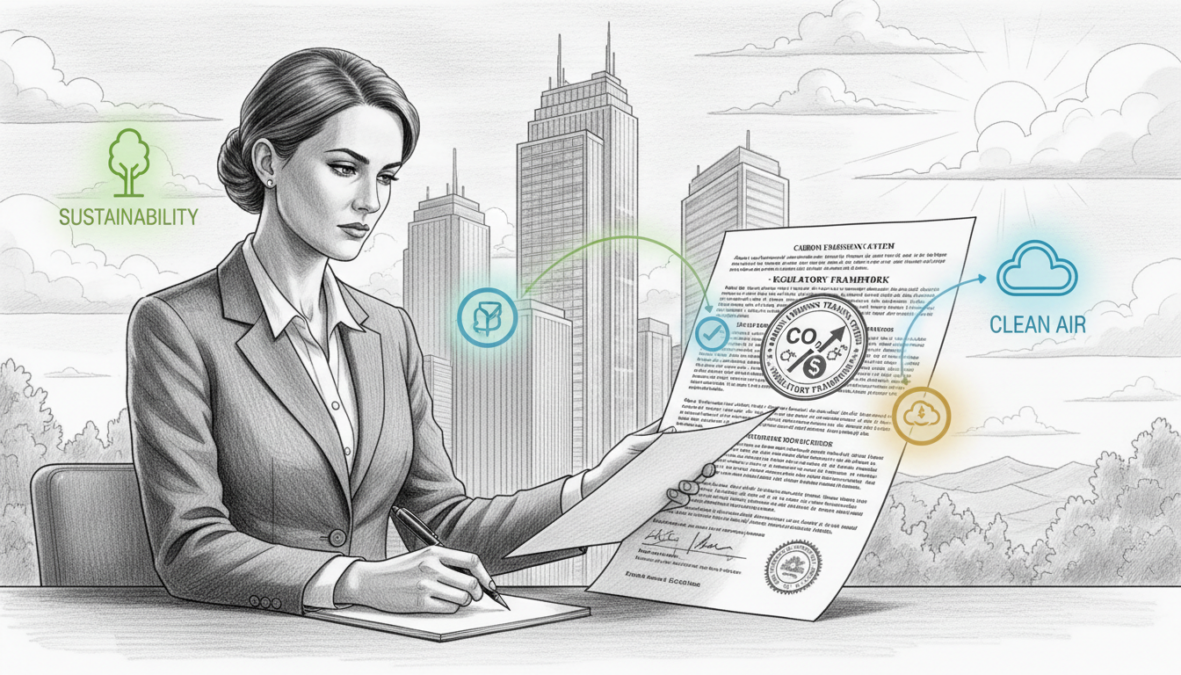 A detailed black and white illustration of a legal document focused on CO2 emissions trading rules, featuring a prominent circular emblem representing carbon pricing. The foreground showcases a well-dressed businesswoman reading the document, her expression reflecting contemplation and seriousness. In the middle ground, a city skyline with modern buildings symbolizes economic activity, and subtle color accents represent various facets of the emissions trading system, like green for sustainability. The background depicts subtle hints of nature, such as trees and clouds, under a bright, hopeful sky. The lighting is soft yet illuminating, creating a professional and informative atmosphere. The overall mood conveys seriousness and direction towards environmental responsibility, suitable for a legal and economic context in the emissions market.