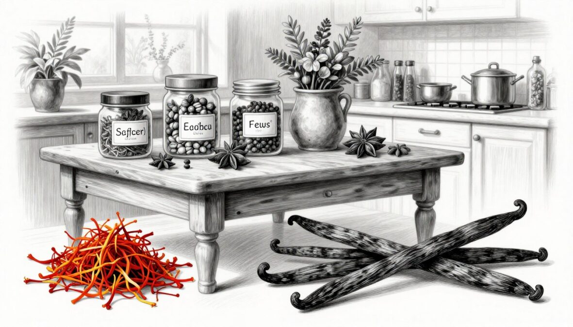 A detailed black and white illustration of an elegant spice guide featuring various expensive spices such as saffron and vanilla beans, rendered in pencil style with selective colored accents. In the foreground, a beautifully arranged display of saffron threads and vanilla pods, showcasing their rich textures. In the middle, a vintage wooden table with jars and containers labeled with the spice names, emphasizing their value. The background features a softly lit kitchen with plants and herbs artistically arranged, creating an inviting atmosphere. The lighting is warm and diffuse, casting gentle shadows to enhance depth. The overall mood conveys sophistication and the art of culinary excellence, inviting readers to consider the worth of these luxurious spices.