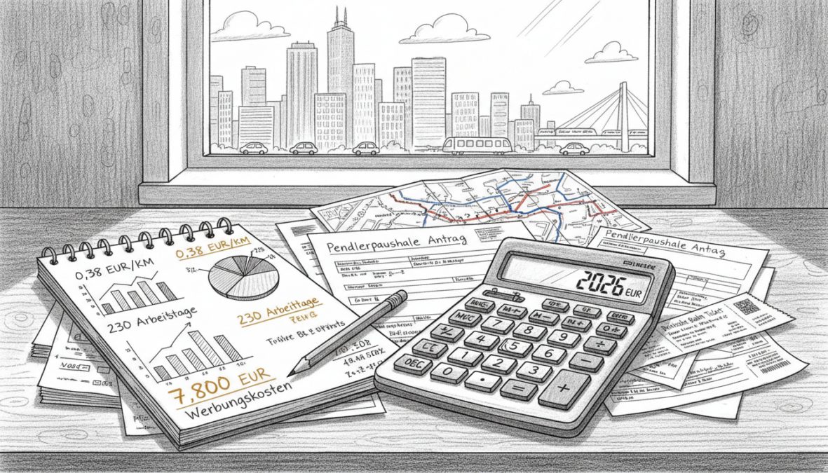 A detailed black and white illustration showcasing the calculation of the Pendlerpauschale for 2026. In the foreground, feature a professional-looking calculator, a notepad filled with graphs and figures, and a pen. In the middle ground, display an office desk with scattered documents related to travel expenses and public transportation maps. The background should include a large window showing a cityscape, representing a bustling urban environment. Utilize pencil sketch effects, with selective colored accents on important figures or highlights to draw attention. The lighting is soft and natural, coming from the window, creating a calm and focused atmosphere, ideal for financial planning and calculations.