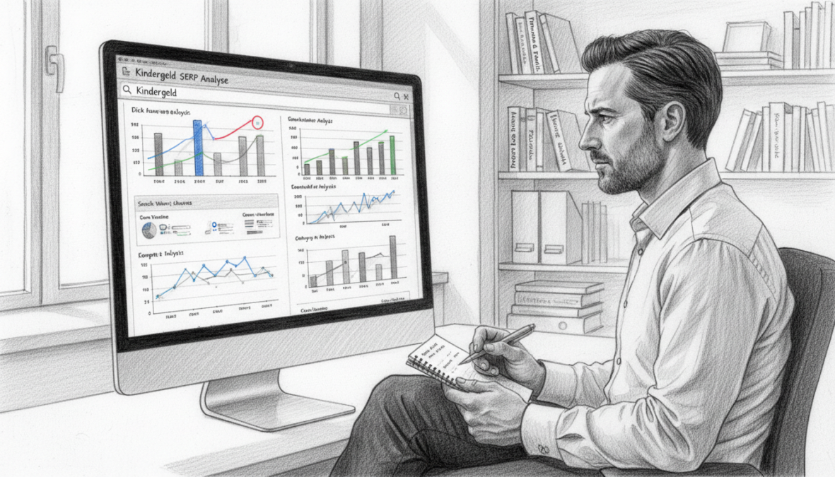 A detailed black and white pencil drawing depicting a SERP (Search Engine Results Page) analysis for "Kindergeld" with selective color accents. In the foreground, include a computer screen displaying the SERP results with graphs and keyword data, emphasizing the analytics aspect. In the middle ground, integrate a business professional in modest casual clothing, analyzing the data with a focused expression, holding a notepad and pen. The background features a modern office setting, subtly blurred for depth, with shelves containing books on finance and family support. The lighting is bright yet soft, creating an analytical atmosphere, inviting the viewer to engage with the topic.