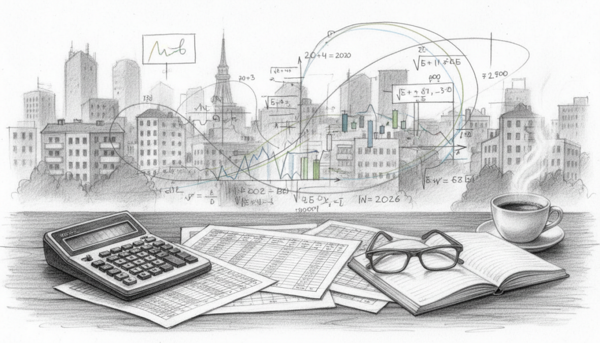 A detailed, black and white pencil drawing illustrating the concept of "Wohngeld Berechnungsbeispiele." In the foreground, an organized workspace featuring a calculator, spreadsheets, and a cup of coffee, presenting a sense of focus and professionalism. In the middle ground, abstract visualizations of financial graphs and calculations, with highlighted colored accents in blue and green to emphasize key figures. The background portrays a subtle cityscape to represent urban living, with soft pencil shading creating depth and dimension. The overall mood is analytical and informative, evoking a sense of clarity and understanding related to housing allowance calculations for 2026. The lighting is soft and diffused, enhancing the pencil texture. No text or watermarks are present.