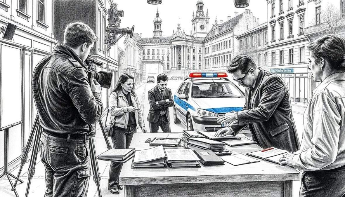 A detailed black and white pencil drawing of the "SOKO Leipzig" film set, showcasing a bustling crime investigation scene. In the foreground, police officers, dressed in professional business attire, collaborate as they examine evidence on a table surrounded by notebooks and case files. In the middle, a director gives instructions while a cameraman films the action, capturing the behind-the-scenes atmosphere. The background features a detailed set design of Leipzig's urban environment, with characteristic architecture. Highlight key elements with subtle color accents, such as the police car’s lights in red and blue, and the chalk outlines of a crime scene in soft pastels. The lighting is dramatic, casting shadows that enhance the tense yet focused ambiance of a working film set.