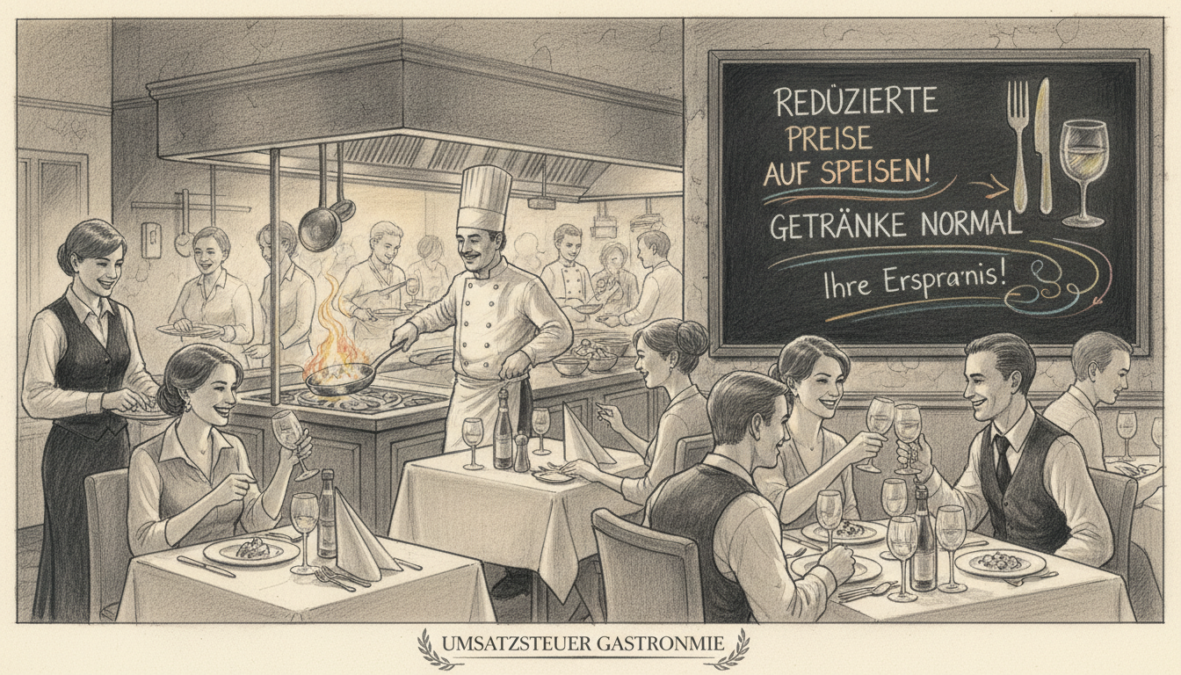 A detailed black and white pencil drawing that illustrates the concept of "Umsatzsteuer Gastronomie." In the foreground, showcase a busy restaurant scene with elegantly dressed waitstaff serving customers at well-set tables. The middle ground features a chef in a professional outfit, passionately preparing dishes in an open kitchen. In the background, draw a chalkboard displaying a menu with colorful accents highlighting reduced prices, suggesting the concept of lowered sales tax. Incorporate elements like plates, glasses, and utensils to emphasize gastronomy. The lighting should be warm and inviting, mimicking the ambiance of a cozy restaurant, while the angle should provide a dynamic perspective, capturing the hustle and bustle of the dining experience. The overall mood is lively and positive, reflecting the benefits of tax reduction in the hospitality industry.