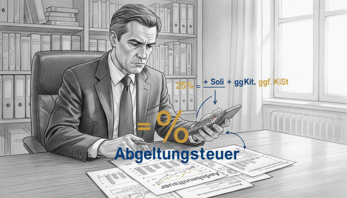 A detailed black-and-white pencil illustration depicting a professional financial advisor in business attire, calculating "Abgeltungssteuer" using a calculator and a stack of financial documents on a desk. In the foreground, the advisor's focused expression conveys concentration and expertise. The middle space features neatly organized charts and graphs, illustrating the tax calculation process, with selective color accents highlighting key figures and formulas. In the background, a softly blurred office environment with shelves of financial books and a window letting in natural light, creating a bright yet serious atmosphere. The overall mood should feel informative and professional, suitable for an article discussing practical impacts of capital gains tax changes.