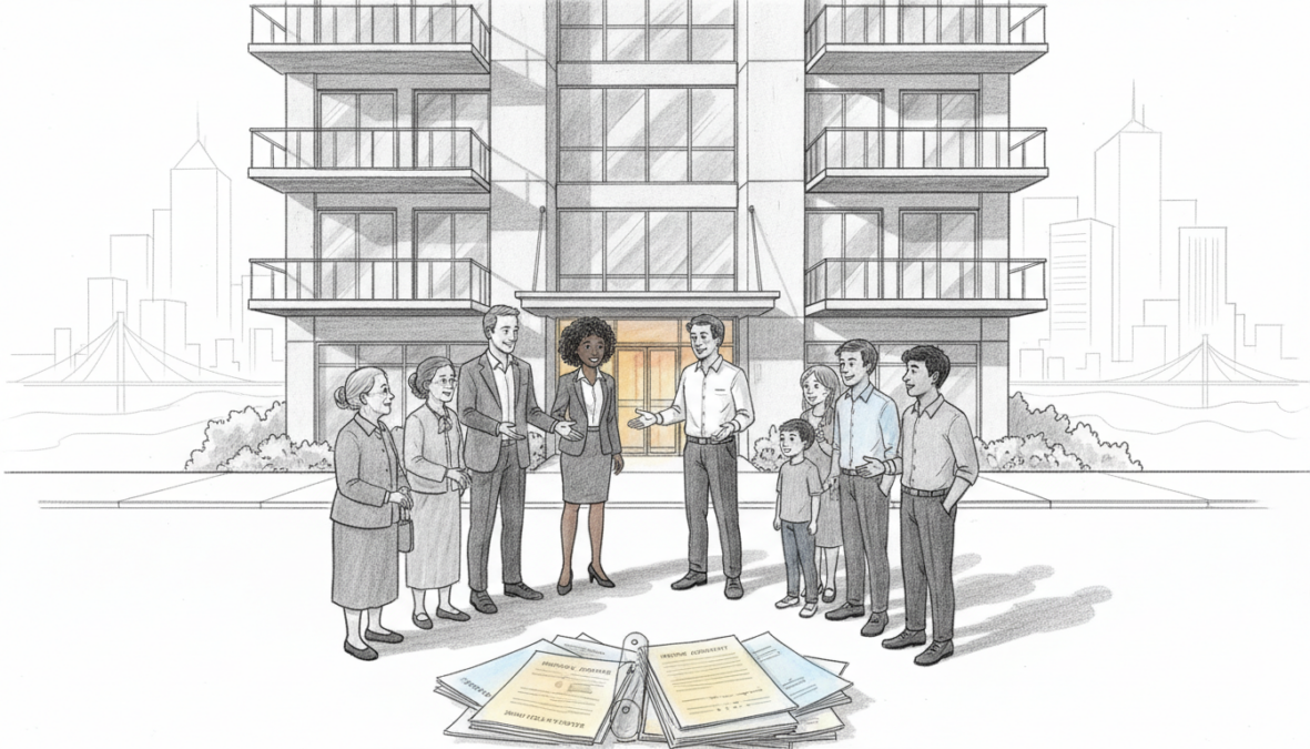 A detailed black and white pencil sketch, featuring a modern apartment building in the foreground, showcasing a diverse group of landlords and tenants engaged in a constructive discussion about housing responsibilities. The landlords, dressed in professional attire, include a middle-aged Caucasian male, a young Black female, and a Hispanic male, demonstrated with friendly expressions. In the middle ground, a clear depiction of housing documents and legal papers symbolizes the new regulations. The background contains a cityscape with subtle architectural elements hinting at contemporary urban life. Soft, dramatic lighting enhances the forms, while selective splashes of color highlight key features like the papers and the building's entrance. The atmosphere conveys a sense of collaboration and positive change.