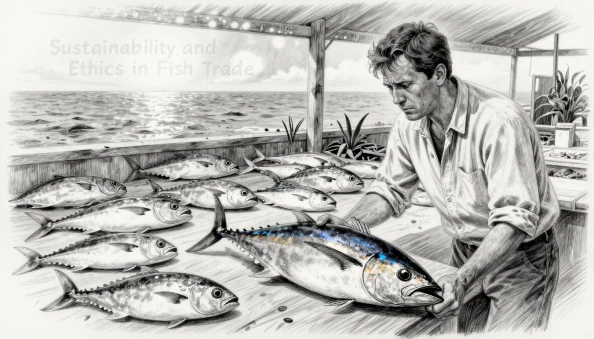 A detailed black and white pencil sketch illustrating 'Sustainability and Ethics in Fish Trade'. In the foreground, a professional marine biologist in modest casual clothing examines a bluefin tuna at a sustainable fish market, with a concerned expression. The middle ground features various fish species, both common and endangered, artfully displayed to highlight biodiversity. In the background, a serene ocean scene subtly transitions into a polluted setting, representing the contrast between sustainable practices and environmental degradation. Dappled light filters through, casting gentle shadows and emphasizing the intricate details of the fish. The overall mood is contemplative, urging viewers to reflect on the ethical implications of fish trading. Highlight specific elements with muted color accents to draw attention without overwhelming the monochrome foundation.