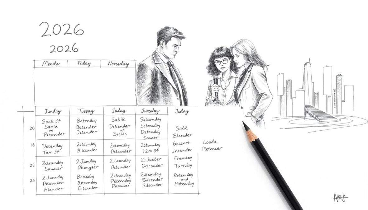 A detailed black and white pencil sketch illustrating a weekly planner for the "SOKO" series broadcast schedule in 2026. The foreground features a classic, neatly organized calendar layout with daily segments labeled for various SOKO series, adorned with subtle colored accents to highlight specific dates. In the middle, a depiction of a professional team of detectives in business attire, engaged in discussion over the calendar, projecting collaboration and focus. The background showcases an abstract representation of a cityscape, hinting at the urban settings of the series. Soft lighting casts gentle shadows, enhancing the atmosphere of professionalism and intrigue, while the overall mood evokes anticipation for the upcoming show dates.