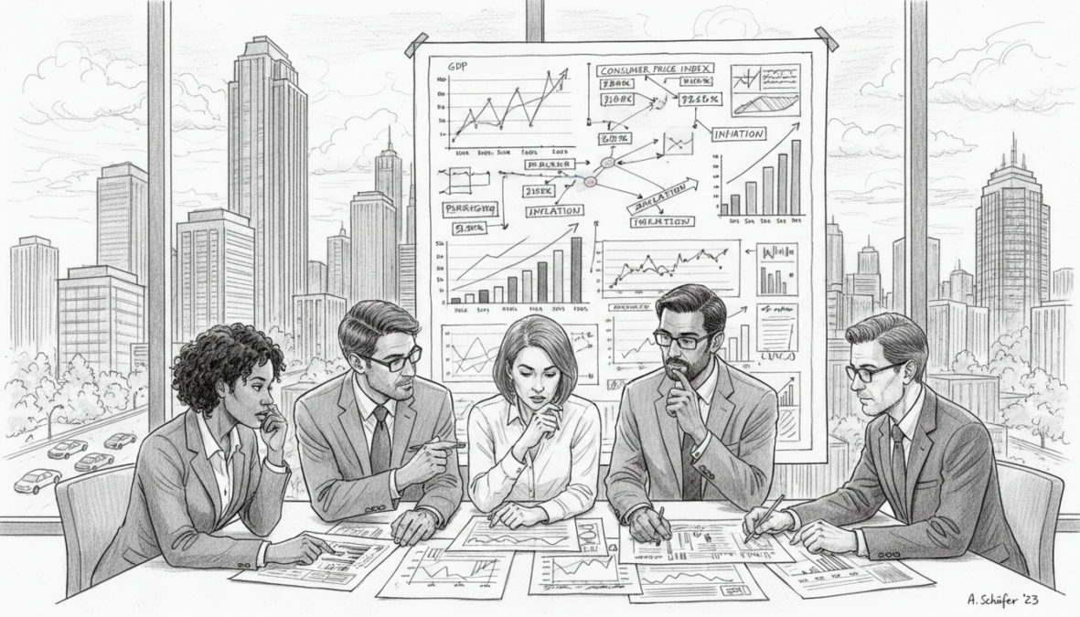 A detailed black and white pencil sketch illustrating macroeconomic factors affecting inflation. In the foreground, a diverse group of professionals in business attire discuss graphs and charts representing inflation rates and economic trends, looking engaged and focused. In the middle ground, a large, intricate chart displays various macroeconomic indicators like GDP, consumer price index, and employment rates, with subtle, strategic color accents to highlight key data points. In the background, a dynamic cityscape represents economic activity, with visible skyscrapers and bustling streets, under a clear sky. The lighting is soft and natural, emphasizing the seriousness of the discussion while creating an atmosphere of analytical insight and professionalism.