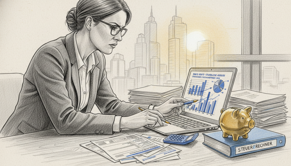 A detailed black and white pencil sketch illustrating the "Steuerliche Aspekte Riester Rente" with selective color accents. In the foreground, a focused businesswoman in professional attire studies a detailed financial report on a laptop, analyzing graphs and charts pertaining to the Riester pension. In the middle ground, a desk cluttered with tax documents, calculators, and a decorative piggy bank symbolizes savings. In the background, soft outlines of a cityscape represent economic growth and security. The lighting is soft and warm, creating a professional and contemplative atmosphere, suggesting serious financial planning in 2026. The scene should convey a sense of diligence and responsibility, enhancing the focus on the taxation aspects during both saving and payout phases.