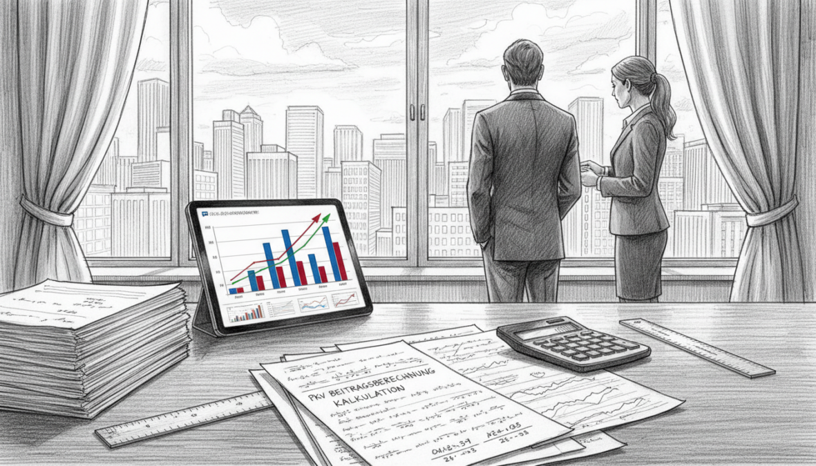 A detailed black and white pencil sketch illustrating the concept of "PKV Beitragsberechnung Kalkulation," featuring a professional setting. In the foreground, depict an elegant, modern desk with documents, a calculator, and financial values written in a clear, organized manner. In the middle, show a digital tablet displaying graphs and charts representing contribution calculations, with pointed highlights in color to emphasize important data points. The background features a large window revealing a cityscape, casting soft, natural light into the room. The atmosphere is focused and analytical, conveying a sense of professionalism and clarity, suitable for a financial discussion. No text or watermarks present.