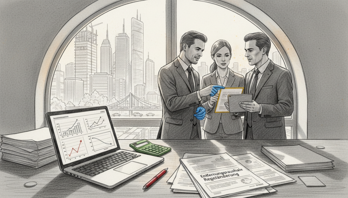 A detailed, black and white pencil sketch inspired by the theme of "Entfernungspauschale Regeländerung" with selective colorful accents. In the foreground, illustrate a professional office setting with a neatly organized desk, a laptop displaying graphs, and documents depicting changes in travel expense regulations. In the middle, include focused business professionals dressed in professional attire, discussing the new regulations. In the background, a large window reveals a cityscape, symbolizing growth and opportunity, with soft natural light filtering in, creating a warm ambiance. The overall mood should evoke a sense of determination and clarity in navigating new financial guidelines, reflecting a modern and professional atmosphere.