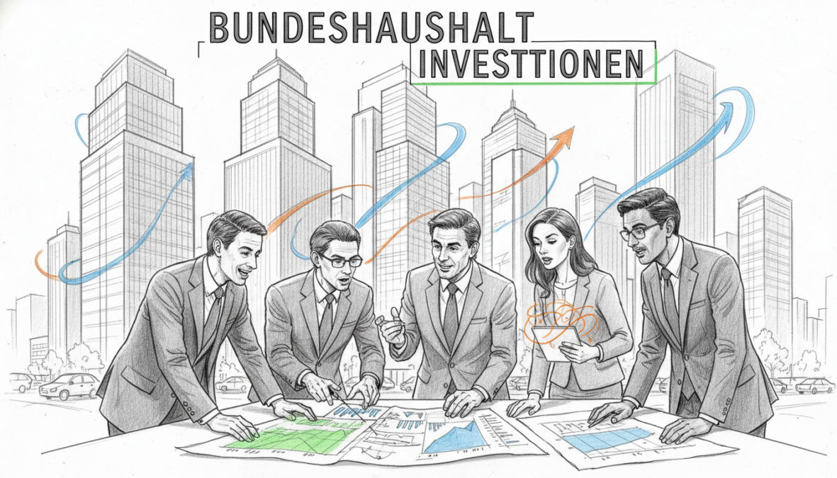 A detailed black and white pencil sketch of a bustling financial district representing "Bundeshaushalt Investitionen." In the foreground, a group of diverse professionals in business attire is engaged in animated discussions over blueprints and financial charts, showcasing their commitment to investment strategies. In the middle ground, high-rise buildings and modern architecture symbolize economic growth, while abstract shapes illustrate fluctuating investment trends. The background includes a clear sky with soft, natural lighting illuminating the scene, creating an optimistic atmosphere. Select areas are accentuated in color, such as vibrant green for growth, blue for stability, and orange for innovation. The overall mood portrays a sense of urgency and excitement surrounding record investments in the federal budget.