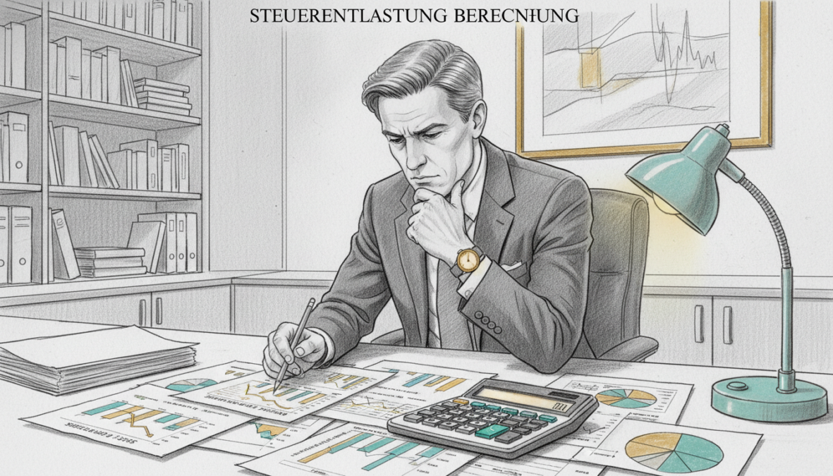 A detailed black and white pencil sketch representing "Steuerentlastung Berechnung" with selective color accents. In the foreground, a calculator and financial documents are depicted, including graphs and charts showcasing tax reductions. In the middle ground, a thoughtful business professional, dressed in smart business attire, analyzes the documents, furrowing their brow in concentration. The background reveals a softly lit office space with bookshelves and elegant decor, suggesting a calm, professional atmosphere. The light source should create gentle shadows, enhancing the mood of contemplation and analysis. The overall composition should convey a sense of serious evaluation and understanding of tax reforms, reflecting current developments and perspectives on the Solidaritätszuschlag in 2026.