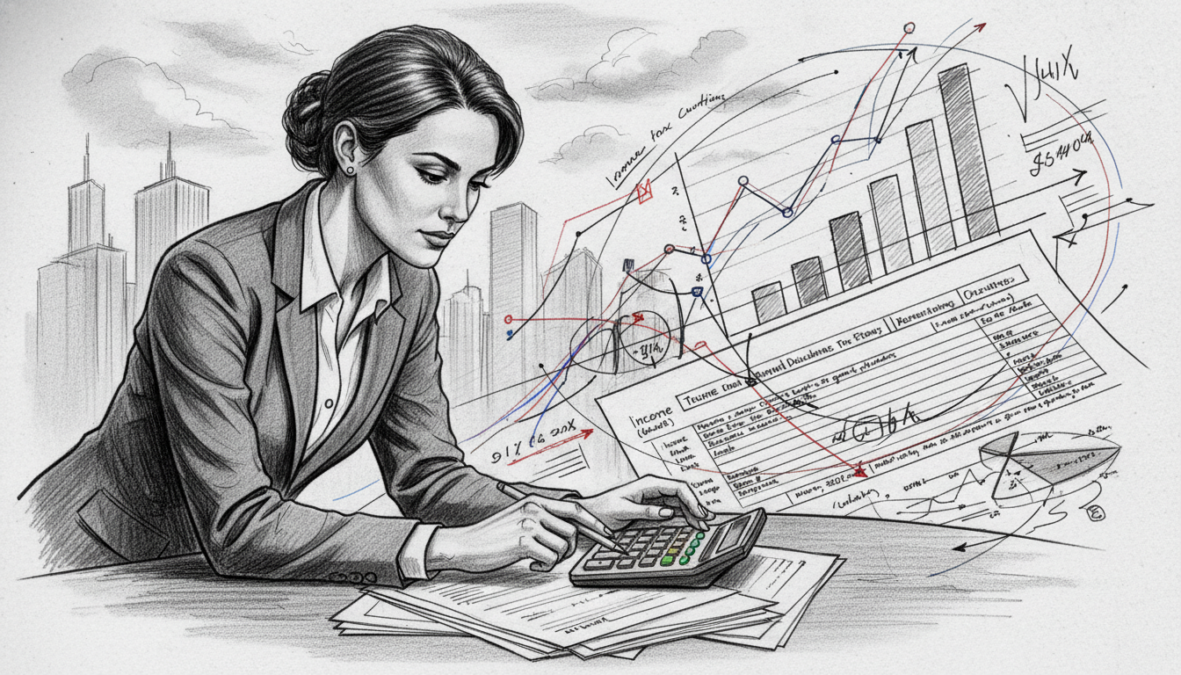 A detailed, black and white sketch illustrating the theme of tax calculations, emphasizing practical examples. In the foreground, a professional-looking woman in business attire, focused on a calculator and papers, surrounded by charts and graphs representing tax data. In the middle, a large tax form is partially visible, showing various sections filled with numbers. In the background, softly blurred silhouettes of office buildings, suggesting a corporate environment. The scene is filled with sharp contrasts and soft shadows to enhance depth, with selective color accents in the charts and calculator buttons to draw attention. The overall mood is analytical and professional, conveying a sense of precision and responsibility in tax preparation.