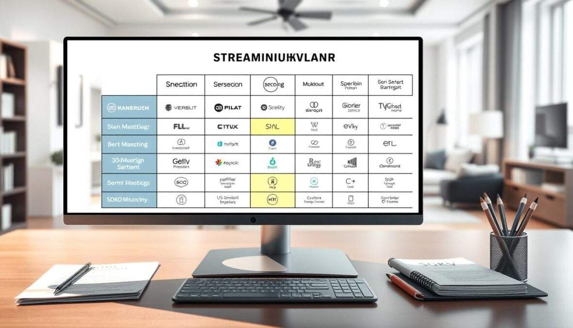 A detailed comparison chart illustrating the streaming platforms available for "SOKO München" in a sleek, monochrome pencil sketch style, featuring bold, colorful accents to highlight different platforms. In the foreground, a computer screen displays the chart with distinctive logo graphics for each streaming service. In the middle ground, an elegant office desk scene with documents and stationery creates a professional atmosphere, embodying a sense of research and analysis. The background shows a softly blurred view of a modern living room, suggesting a cozy streaming environment. The lighting is bright yet soft, creating a warm and inviting mood, inviting viewers to explore their streaming options. The composition emphasizes clarity and organization, suitable for an informative article section.
