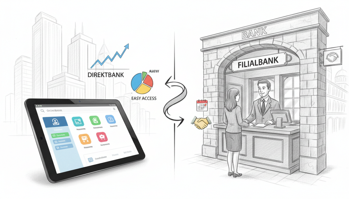 A detailed comparison image illustrating the concept of "Direktbanken versus Filialbanken." In the foreground, show a sleek, modern digital bank interface on a tablet, displaying a user-friendly online banking dashboard. Next to it, depict a traditional bank branch with a welcoming facade, where a professional dressed in business attire is assisting a customer at a counter. In the middle ground, convey a split screen effect to highlight both banking environments. The background features a subtle city skyline, blending contemporary and classic architecture, symbolizing the evolution of banking. Use a monochromatic pencil sketch style with selective colorful accents on the bank icons and digital interface, creating a dynamic and engaging atmosphere. Soft, natural lighting enhances the clarity of the scene, evoking a sense of trust and modernity in banking solutions.