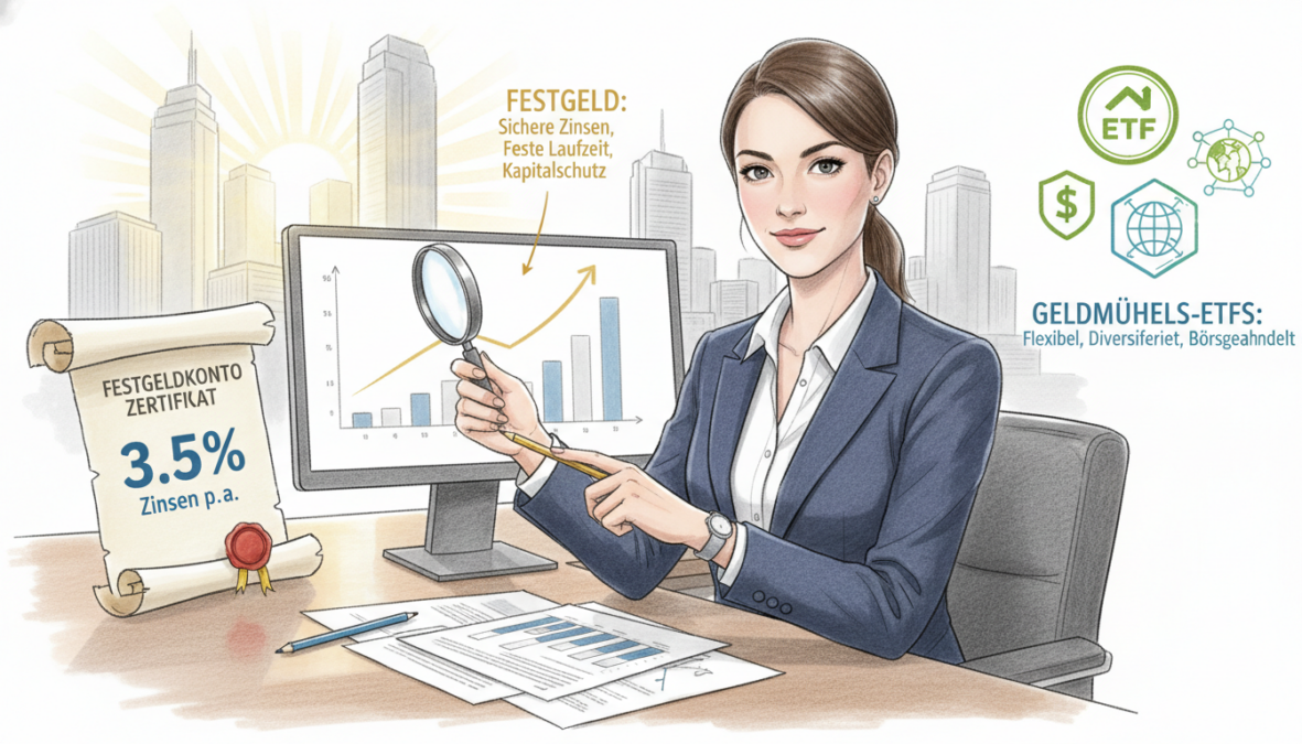 A detailed comparison scene of fixed-term deposits and money market ETFs, illustrated in elegant pencil sketches with selective color accents. In the foreground, a confident professional woman in a smart business suit examines financial documents and charts, highlighting the advantages of fixed-term deposits. In the middle, visually striking representations of a fixed-term deposit certificate and various money market ETF symbols, showing investment options. The background features a soft-focus city skyline, symbolizing financial growth and stability. The lighting is bright and optimistic, creating a sense of opportunity. The overall mood conveys professionalism and informed decision-making in finance, emphasizing clarity and analysis in investment choices.