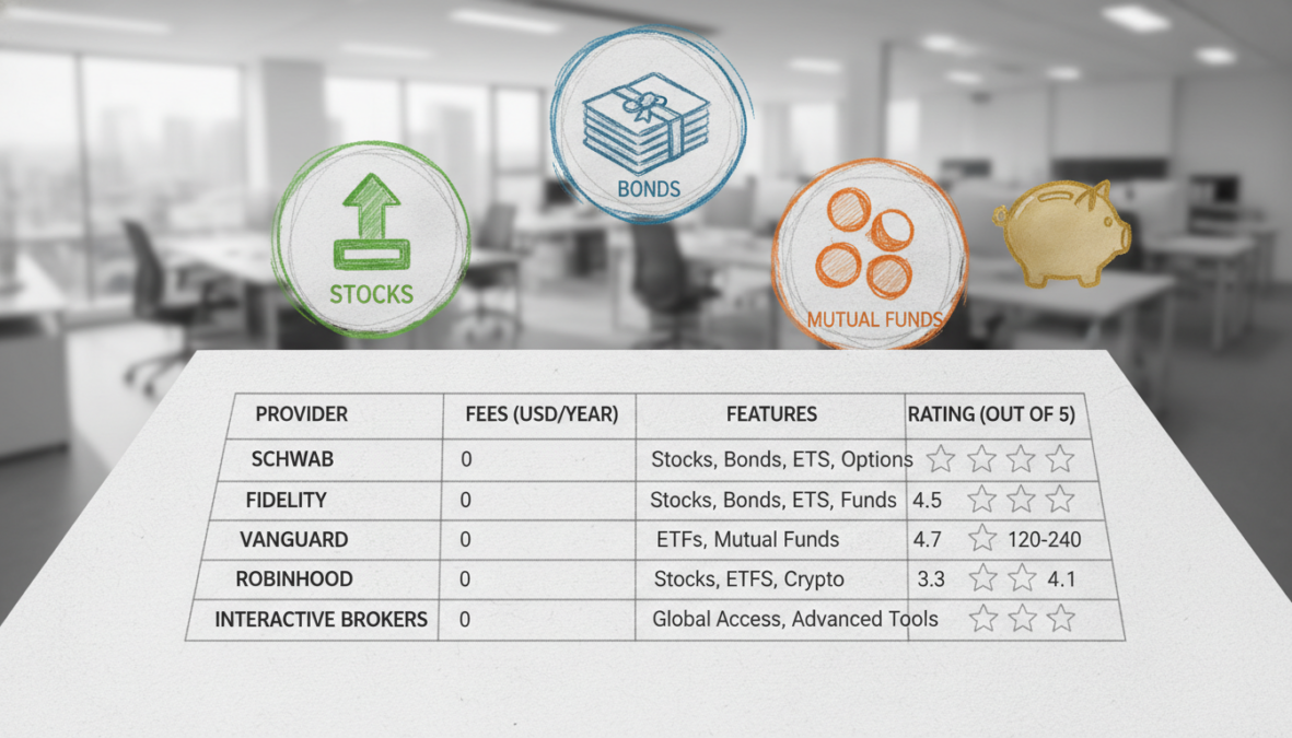 A detailed comparison table showcasing various financial service providers for investment accounts in 2026. The table should feature columns for provider names, fees, features, and ratings, illustrated in a clear and organized format. In the foreground, emphasize the table with a sharp focus, while the middle ground can include subtle icons representing different financial services, such as stocks, bonds, and mutual funds. The background should be a blurred office setting, implying a professional atmosphere. The overall mood should be informative and analytical, with a monochrome pencil sketch style, accented with selective splashes of color for the financial icons. Use soft lighting to create an approachable yet serious tone, and maintain a high-angle perspective for a comprehensive view of the table. A detailed comparison table showcasing various financial service providers for investment accounts in 2026. The table should feature columns for provider names, fees, features, and ratings, illustrated in a clear and organized format. In the foreground, emphasize the table with a sharp focus, while the middle ground can include subtle icons representing different financial services, such as stocks, bonds, and mutual funds. The background should be a blurred office setting, implying a professional atmosphere. The overall mood should be informative and analytical, with a monochrome pencil sketch style, accented with selective splashes of color for the financial icons. Use soft lighting to create an approachable yet serious tone, and maintain a high-angle perspective for a comprehensive view of the table.