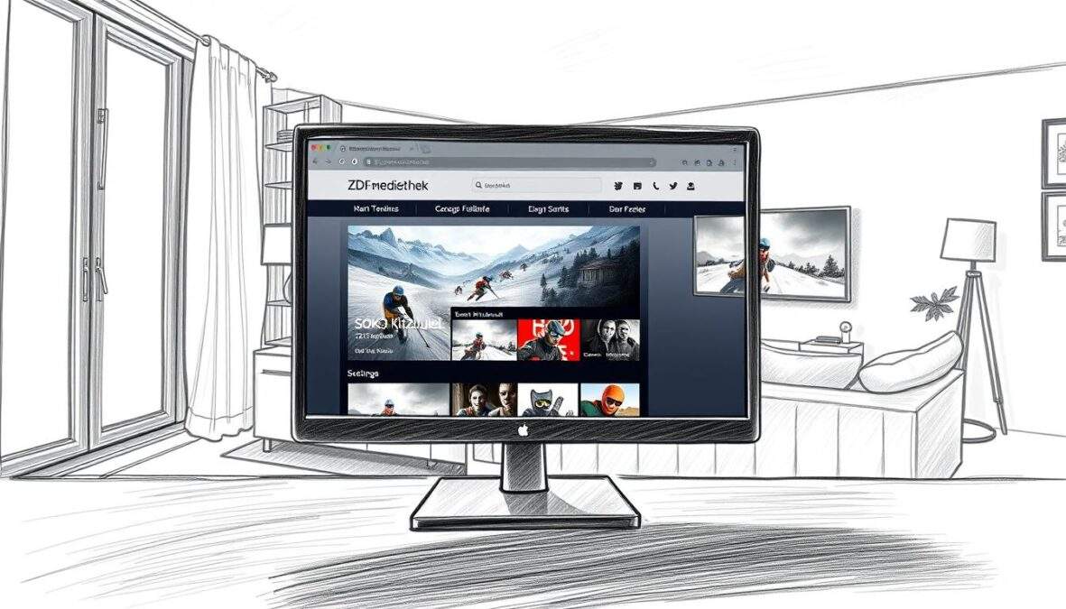 A detailed depiction of the ZDFmediathek streaming interface designed in a sleek, modern style. In the foreground, showcase a computer screen displaying the homepage of the ZDFmediathek, with a section prominently featuring the series "SOKO Kitzbühel," highlighting all 20 seasons. The screen should be surrounded by light reflections, creating a warm, inviting atmosphere. In the middle ground, depict a stylish living room setting, with a cozy couch and soft lighting that emphasizes a relaxing streaming experience. In the background, a soft focus of a wall-mounted television playing an episode of the series adds depth. The entire image should be rendered in pencil sketches with black and white tones, accented by selective pops of color to highlight key elements, creating a captivating mood for viewers.