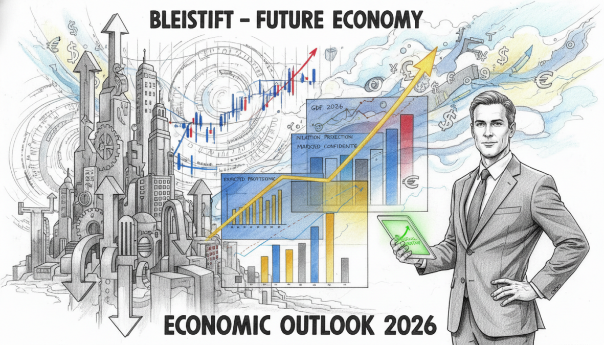 A detailed, hand-drawn black and white illustration depicting a futuristic city skyline representing economic trends against a backdrop of digital graphs and charts illustrating inflation rates. In the foreground, a professional economist stands confidently, dressed in business attire, holding a tablet displaying a rising trendline. The middle section features well-structured, transparent overlays of colored graphs, highlighting key statistics and projections for 2026. The background includes abstract representations of various currencies, interwoven with stylized clouds and light beams to symbolize fluctuating economic conditions. The overall atmosphere should evoke a sense of analytical insight and forward-thinking optimism, with selective colors accentuating key data points and important trends. Soft lighting enhances the professional setting, creating depth and focus.