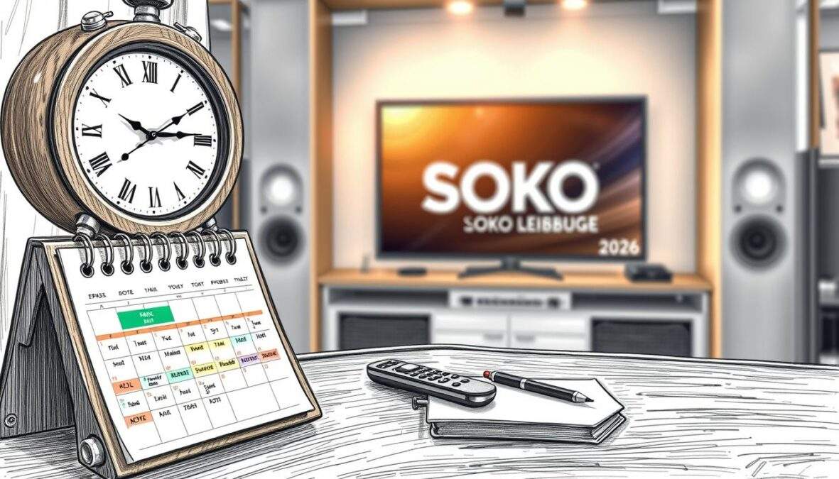 A detailed illustration depicting a vibrant TV schedule for "SOKO Leipzig 2026," featuring an elegant wooden clock striking the hour amidst a studio backdrop. The foreground showcases a polished calendar marked with colorful highlights indicating various episode air dates. In the middle, a sleek, minimalist desk with a modern remote control and a notepad rests under soft, warm lighting. The background features a blurred image of a well-lit TV screen displaying the "SOKO Leipzig" logo, suggesting anticipation for the new season. The overall mood is professional yet inviting, with a hint of excitement in the atmosphere. Shades of black and white pencil sketch art style punctuated with bright accents enhance the vibrancy, creating a compelling visual narrative. A detailed illustration depicting a vibrant TV schedule for "SOKO Leipzig 2026," featuring an elegant wooden clock striking the hour amidst a studio backdrop. The foreground showcases a polished calendar marked with colorful highlights indicating various episode air dates. In the middle, a sleek, minimalist desk with a modern remote control and a notepad rests under soft, warm lighting. The background features a blurred image of a well-lit TV screen displaying the "SOKO Leipzig" logo, suggesting anticipation for the new season. The overall mood is professional yet inviting, with a hint of excitement in the atmosphere. Shades of black and white pencil sketch art style punctuated with bright accents enhance the vibrancy, creating a compelling visual narrative.