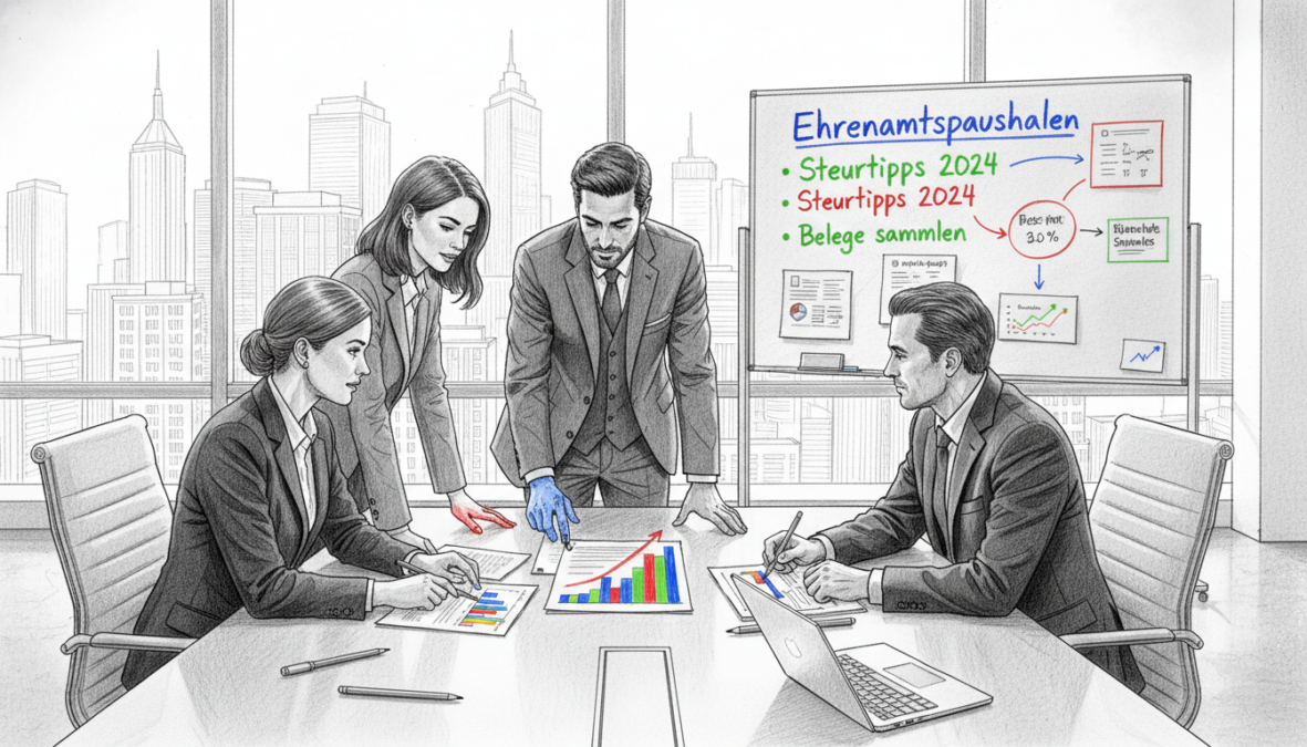 A detailed illustration featuring a modern office setting focused on financial management. In the foreground, a diverse group of professionals in smart business attire are engaged in a discussion around a large table, reviewing colorful financial documents and graphs. The middle layer showcases a wall-mounted whiteboard with notes on "Ehrenamtspauschalen" and tax tips, visually organized for clarity, highlighted with colored markers. The background offers a large window revealing a city skyline, bathing the room in natural light. The mood is collaborative and focused, emphasizing teamwork and financial strategy. The entire image is in black and white pencil style with selective colorful accents on the documents and whiteboard notes, creating a dynamic yet professional atmosphere.