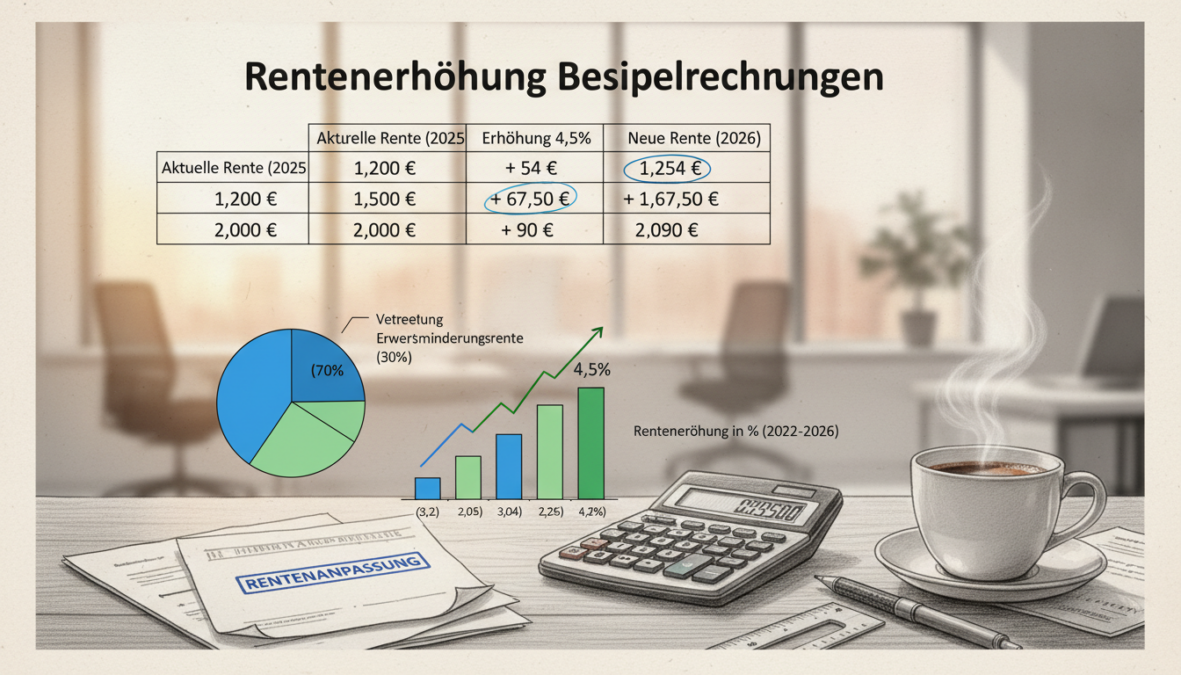 A detailed illustration of "Rentenerhöhung Beispielrechnungen" for the year 2026, drawn in pencil with a black and white aesthetic, highlighting key figures and calculations in a clear, structured format. In the foreground, a well-organized desk featuring a calculator, financial documents, and a cup of coffee. In the middle, an array of pie charts and bar graphs that visually represent pension increases, accented with vibrant colors such as blue and green on the data points for emphasis. The background features a soft, blurred view of a modern office environment, with warm lighting illuminating the workspace and adding a professional atmosphere. The overall mood is analytic and informative, focused on clarity and detail in financial analysis.