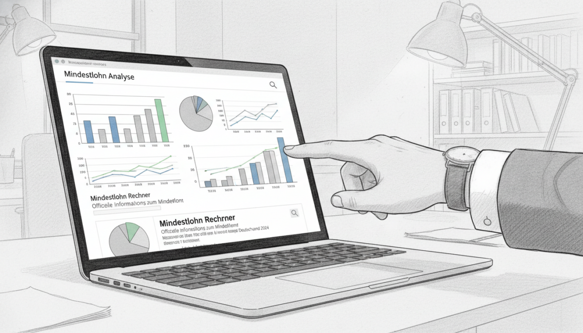 A detailed illustration of a SERP (Search Engine Results Page) analysis focused on the keyword "Mindestlohn." In the foreground, a sleek, modern laptop displays a vibrant graph and analytics dashboard, showcasing various data points related to keyword research. In the middle, a hand reaching out to interact with the screen, wearing a professional business sleeve. The background features a blurred office environment with soft lighting, emphasizing a professional atmosphere. Gentle shadows cast by the laptop create depth. The entire image is rendered in pencil sketch style with black and white tones, complemented by subtle color accents highlighting key elements of the graph and dashboard. The mood is analytical and focused, capturing the essence of professional research.