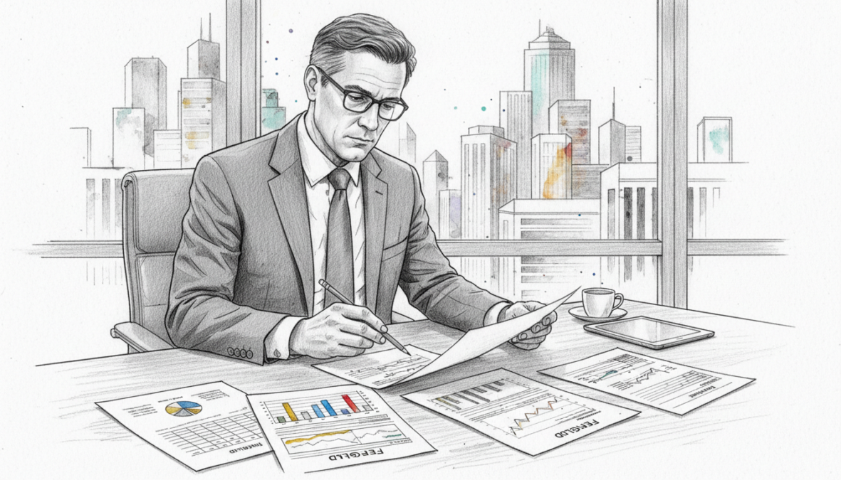 A detailed illustration of a financial advisor in a modern office setting, analyzing multiple Festgeld offer documents on a sleek wooden desk. The foreground features neatly organized papers with graphs and statistics, while the middle includes the advisor, dressed in professional business attire, thoughtfully reviewing options with a pen in hand. In the background, a large window provides soft natural lighting, showcasing a city skyline. The overall mood is professional and focused, emphasizing careful decision-making. The artwork is in pencil, black and white, with selective colorful accents on the documents and the cityscape, creating a striking contrast.
