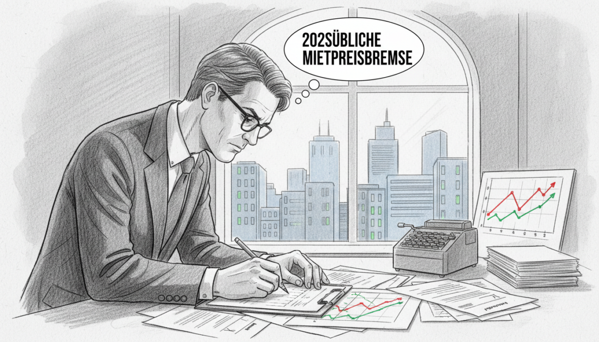 A detailed illustration of the "Ortsübliche Vergleichsmiete Berechnung" concept in a monochromatic pencil sketch style, featuring black and white elements with selective colored accents. In the foreground, a business professional wearing smart attire is calculating rental prices on a clipboard, their expression focused and intent. The middle layer shows documents with graphs and charts on a desk, depicting comparative rental prices, surrounded by office elements like a calculator and a city skyline view through a window, symbolizing urban living and housing. The background features soft shadows and light contrasts, creating a serious yet approachable atmosphere, emphasizing the importance of rental price regulation in the context of the 2026 Mietpreisbremse. Natural lighting streams from the window, highlighting key points in the composition.