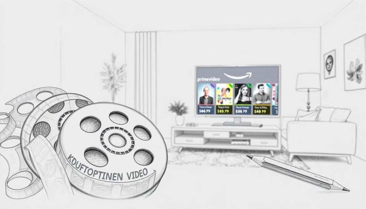 A detailed, monochromatic pencil drawing featuring a digital streaming interface displaying the "Kaufoptionen Prime Video" section. In the foreground, create intricate designs of film reels and DVD covers representing episodes of "SOKO Hamburg," with highlighted sections showing prices and options to purchase or rent individual episodes. In the middle ground, illustrate a stylish, modern living room scene with a sleek television set showing the Prime Video logo and available options. The background should have a soft focus of cozy furniture, evoking a welcoming atmosphere for home viewing. Add sporadic color accents in the interface to draw attention to the pricing details, using a warm and inviting palette. Ensure the composition has a balanced perspective, with soft lighting to create a relaxed mood.