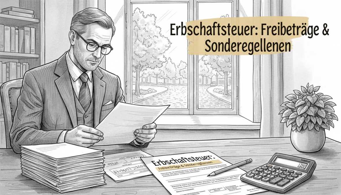 A detailed monochrome illustration depicting various aspects of "Freibeträge und Sonderregelungen" related to inheritance tax. In the foreground, a well-dressed business professional, a middle-aged man with glasses, studies a stack of financial documents, a calculator open beside him. In the middle ground, an elegant desk holds a tax form, a pencil, and a small plant to add life. The background features a large window with a serene view of a tree-lined street, allowing soft natural light to flood the room, creating a calm atmosphere. Subtle splashes of color highlight important elements, such as the tax form and the calculator, emphasizing critical information. The overall mood is professional and thoughtful, perfect for conveying the importance of understanding tax exemptions and special regulations.