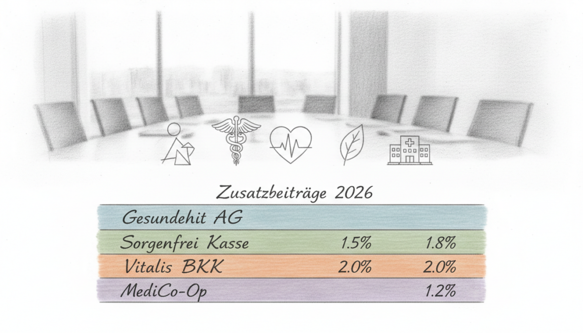 A detailed overview of health insurance supplementary contributions for 2026, presented in a sleek, monochrome pencil sketch style with selective color accents. The foreground features an elegant table displaying various health insurance providers and their specific supplementary contribution rates, each row highlighted with a contrasting accent color. In the middle ground, interspersed icons representing health, wellness, and medical care, subtly shaded to maintain a professional tone. The background includes a blurred office environment, suggesting an atmosphere of serious financial planning. The lighting is soft and even, creating a calm and focused mood, as if capturing a moment in a business meeting. Ensure that all elements are clearly defined and easy to understand, with no text or distractions.