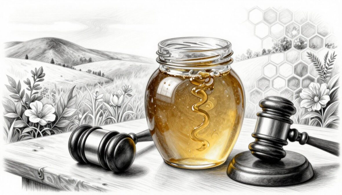 A detailed, pencil-drawn black and white illustration showcasing the world's most expensive honey, Elvish Honey from Turkey. In the foreground, a large, ornate glass jar filled with golden honey glistens, with delicate swirls and textures capturing its uniqueness. Beside it, an antique wooden auction gavel rests on a finely textured table, symbolizing rarity and value. The middle ground depicts a honeycomb pattern subtly interwoven with intricate floral designs representing the diverse flora of Turkey, softly shaded to create depth. In the background, a suggestion of rolling Turkish hills under a soft, diffused light sets a peaceful atmosphere. A gentle spotlight from above highlights the jar, emphasizing its allure and the essence of luxury. The overall mood is elegant and inviting, with occasional color accents that draw attention to the honey itself, enriching the narrative of rarity and definition. A detailed, pencil-drawn black and white illustration showcasing the world's most expensive honey, Elvish Honey from Turkey. In the foreground, a large, ornate glass jar filled with golden honey glistens, with delicate swirls and textures capturing its uniqueness. Beside it, an antique wooden auction gavel rests on a finely textured table, symbolizing rarity and value. The middle ground depicts a honeycomb pattern subtly interwoven with intricate floral designs representing the diverse flora of Turkey, softly shaded to create depth. In the background, a suggestion of rolling Turkish hills under a soft, diffused light sets a peaceful atmosphere. A gentle spotlight from above highlights the jar, emphasizing its allure and the essence of luxury. The overall mood is elegant and inviting, with occasional color accents that draw attention to the honey itself, enriching the narrative of rarity and definition.