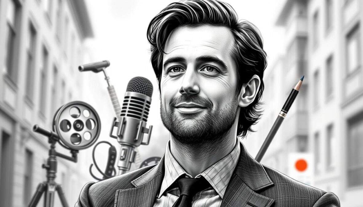 A detailed portrait of Gregor Seberg, showcasing his multifaceted talents. In the foreground, depict him in a confident pose wearing a stylish yet professional outfit, with a subtle smile that conveys warmth and intelligence. His hair is neatly styled, and he has a thoughtful expression that reflects his depth as an actor and artist. In the middle ground, incorporate elements related to his various talents, such as a film reel, a microphone, and a paintbrush, subtly blending into the background. The background features a softly blurred urban setting, hinting at creativity and ambition. Use black and white pencil shading for the overall image, with selective color accents on the objects representing his talents to create visual interest. The lighting should be soft, illuminating his face and the key elements while maintaining a professional and inspiring atmosphere. A detailed portrait of Gregor Seberg, showcasing his multifaceted talents. In the foreground, depict him in a confident pose wearing a stylish yet professional outfit, with a subtle smile that conveys warmth and intelligence. His hair is neatly styled, and he has a thoughtful expression that reflects his depth as an actor and artist. In the middle ground, incorporate elements related to his various talents, such as a film reel, a microphone, and a paintbrush, subtly blending into the background. The background features a softly blurred urban setting, hinting at creativity and ambition. Use black and white pencil shading for the overall image, with selective color accents on the objects representing his talents to create visual interest. The lighting should be soft, illuminating his face and the key elements while maintaining a professional and inspiring atmosphere.