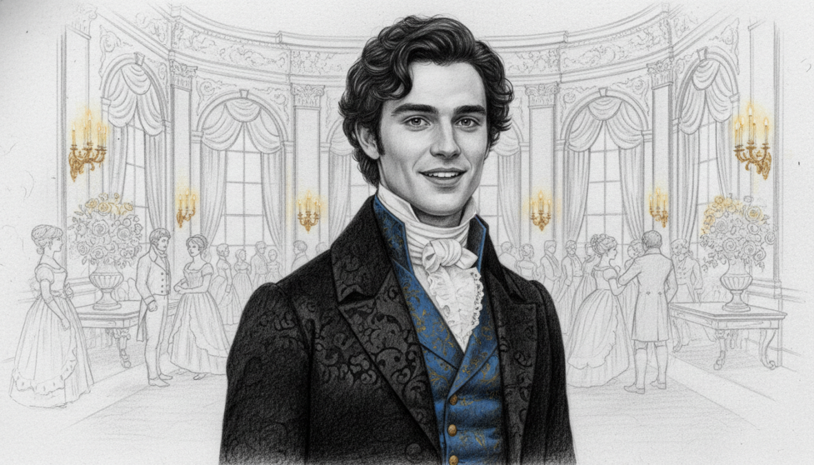 A detailed portrait of the character Benedict Bridgerton from the upcoming season of Bridgerton, dressed in elegant 19th-century attire, featuring a tailored black coat with subtle patterns, a crisp white shirt, and a refined waistcoat. He stands confidently in the foreground with a charming smile, showcasing his charismatic personality. The middle layer includes hints of a luxurious ballroom setting with soft candlelight reflecting off opulent decorations and floral arrangements in muted colors. In the background, we see blurred silhouettes of other party guests in period costumes, creating a lively yet sophisticated atmosphere. The composition is in black and white pencil drawing style, with selective color accents like deep royal blue for the waistcoat, and warm golds for the candlelight, enhancing the overall elegance and allure of the scene.