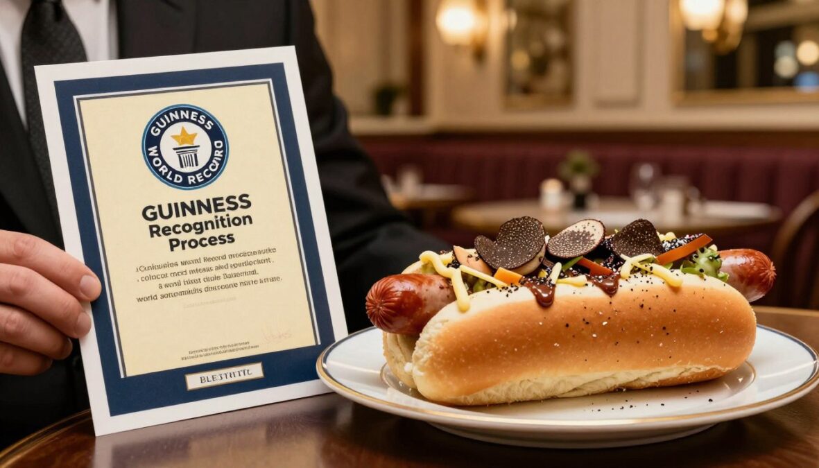 A detailed scene capturing the "Guinness World Record Recognition Process" in the context of the world's most expensive hotdog featuring luxurious truffle sausage. Foreground: A professionally dressed individual, holding a large gold certificate with a Guinness logo, proudly displaying it. Middle ground: A long, gourmet hotdog adorned with truffle shavings and unique toppings, presented on an elegant plate. Background: An ornate, plush restaurant interior, featuring soft lighting that highlights the luxurious atmosphere, creating a warm glow. Use a shallow depth of field to focus on the certificate and hotdog, with soft monochrome pencil shading accented with subtle color highlights on the certificate and hotdog toppings for an eye-catching visual appeal. The mood should evoke a sense of achievement and indulgence.