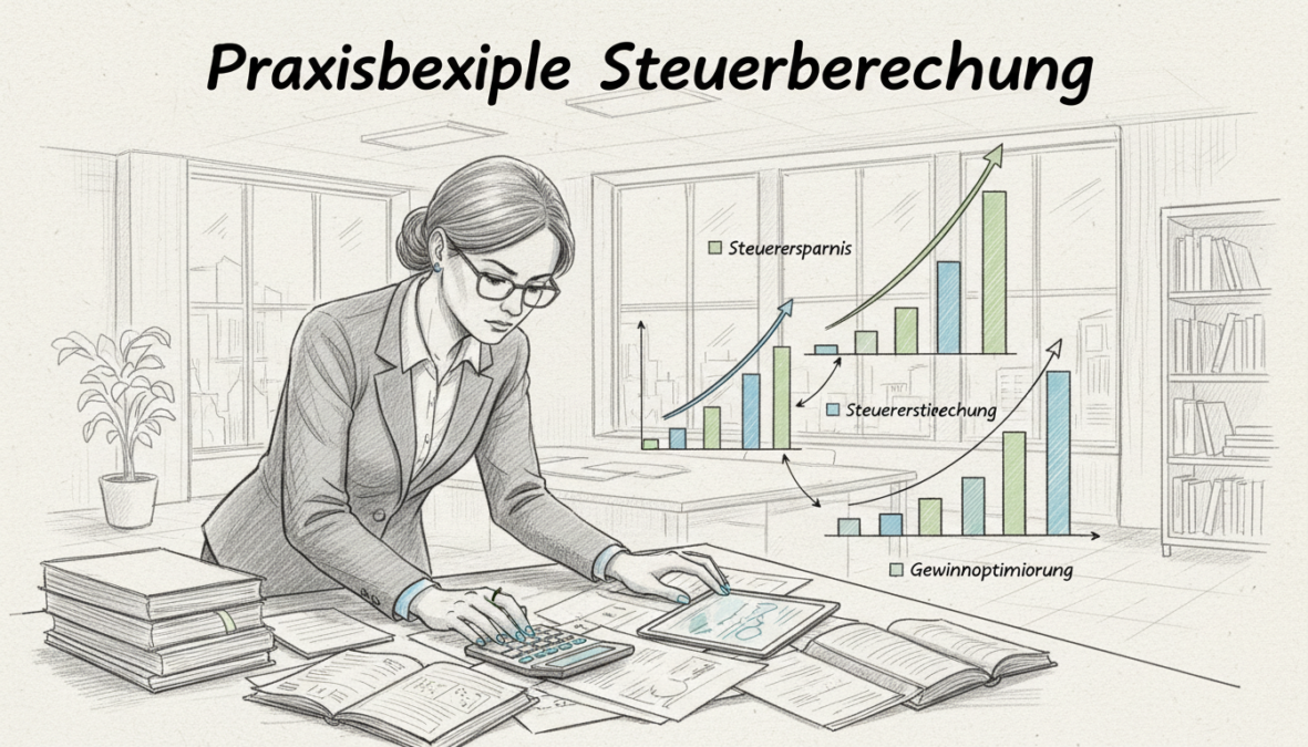A detailed scene illustrating "Praxisbeispiele Steuerberechnung," presented in pencil sketch style with selective color accents. In the foreground, depict a professional businessperson wearing smart attire, engrossed in analyzing financial documents with a calculator on a desk. In the middle, include charts and graphs showing tax calculations and savings strategies, highlighted in subtle colors like green and blue to indicate positive financial outcomes. The background should feature a modern office environment with large windows allowing soft, natural light to pour in, creating an inviting atmosphere. The overall mood is focused and professional, emphasizing the importance of tax planning and implementation strategies for financial success.