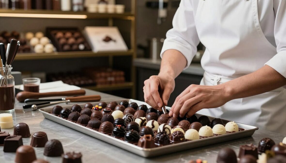 A detailed scene of artisanal chocolate production, showcasing a skilled chocolatier in a sophisticated workshop environment. In the foreground, the chocolatier, dressed in a professional white apron, carefully molds luxurious chocolate truffles. The intricate textures of the chocolates are highlighted with glossy black and white tones, accented with vibrant pops of color representing varied fillings. In the middle ground, shelves filled with elegantly packaged chocolates and handcrafted tools reflect the craftsmanship involved. The background features warm, ambient lighting casting soft shadows, creating an inviting and rich atmosphere. The overall mood conveys a sense of luxury and dedication to quality, emphasizing the fine art of chocolate creation in a monochromatic style with selective color highlights.