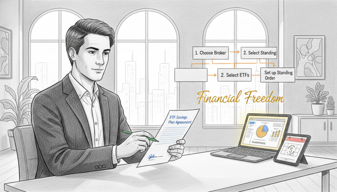 A detailed step-by-step illustration of opening an ETF savings plan, presented in a black and white pencil drawing style, with selective colored accents highlighting key elements. In the foreground, a confident business professional in smart attire is seated at a sleek desk, reviewing documents with a focused expression. In the middle ground, various visual aids depict the process: a flowchart outlining the steps to set up an ETF plan, accompanied by digital devices such as a laptop and tablet showing finance apps. The background features a modern office space with minimalistic decor, large windows allowing soft natural light to illuminate the scene, creating an inviting and professional atmosphere. Capture a sense of accomplishment and clarity in the depiction.