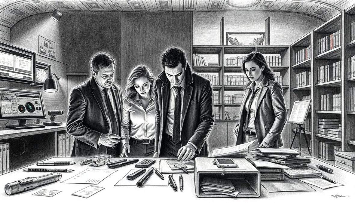 A detective team from a crime series stands in a modern, dimly lit office environment, showcasing a blend of high-tech investigation methods. In the foreground, focused individuals in professional attire examine evidence on a table, illuminated by a soft, focused light. Their expressions convey determination and collaboration. The middle layer features an array of forensic tools and case files spread out, surrounded by high-tech screens displaying crime scene data. In the background, blending technical elements with the atmosphere, there are shadowy shelves filled with books and evidence, hinting at the depth of the investigation. The overall mood is intense and suspenseful. The drawing is in black and white pencil with selective colorful highlights on tools and documents, enhancing the focal points while maintaining an artistic, professional aesthetic.