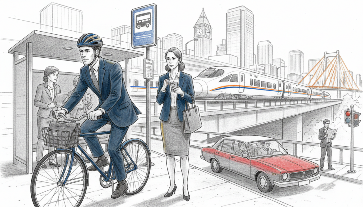 A diverse collection of commuters using various modes of transportation, illustrated in black and white pencil style with selective color accents. In the foreground, a well-dressed professional man is cycling beside a woman in business attire waiting at a bus stop, both showcasing expressions of focus and determination. The middle ground features a sleek train speeding by, while a car is parked nearby, emphasizing the integration of these transport modes. In the background, an urban skyline is outlined against a clear sky, with hints of color highlighting traffic signals and landmarks. The scene captures a vibrant daily commute atmosphere, illustrating the nuances of commuting with a blend of dynamic movement and static presence. The lighting is bright and natural, suggesting a clear day, with a slightly elevated viewpoint to capture the busy urban life.