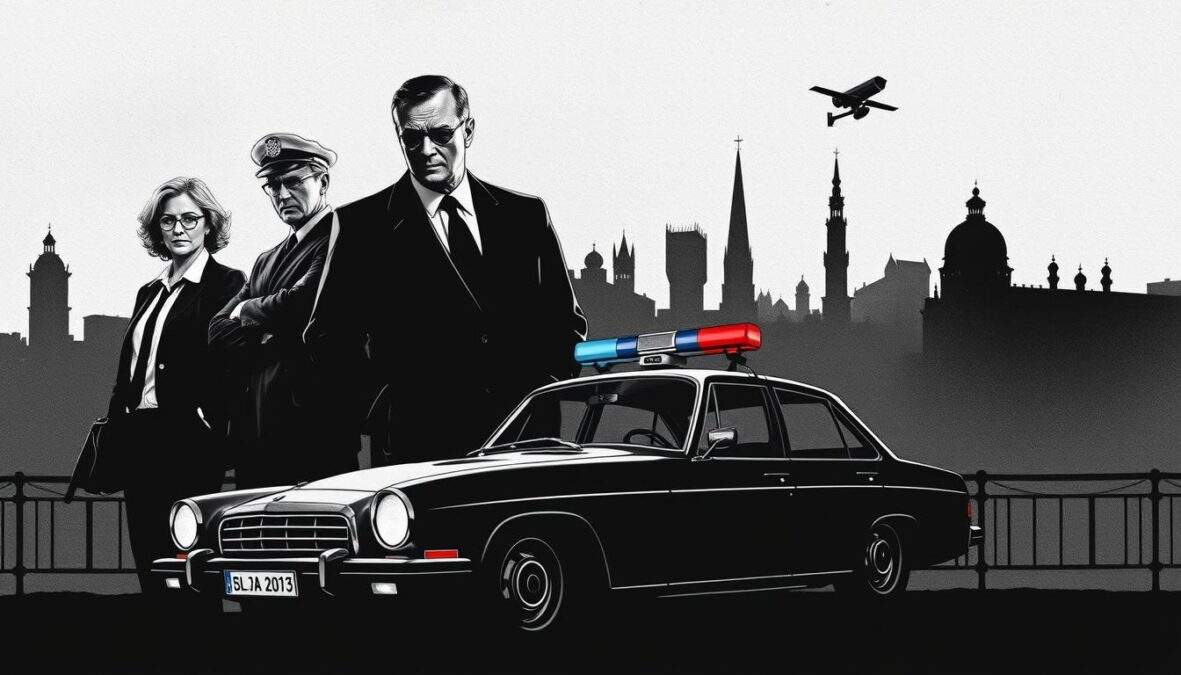 A dramatic black and white illustration capturing the evolution of SOKO Donau over the years. In the foreground, a detailed portrayal of key characters from different seasons, dressed in professional business attire, each symbolizing their respective era. The middle ground features iconic elements from the show—a vintage police car and modern surveillance equipment, representing the progression in crime-fighting techniques. In the background, a stylized silhouette of the Vienna skyline, merging historic and contemporary architecture. The lighting is moody and atmospheric, casting shadows that evoke a sense of mystery. Subtle color accents in the characters’ accessories or equipment highlight key elements without overwhelming the monochrome base, creating a striking visual narrative of 20 years of SOKO Donau's development.