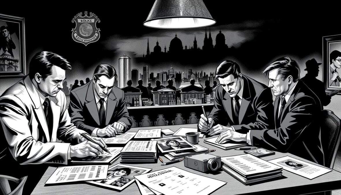A dramatic black and white illustration showcasing key scenes from "SOKO München's" most popular and well-known episodes, set in a classic police investigation environment. In the foreground, depict a group of detectives in professional business attire, intensely discussing a case over a table filled with case files and photographs. In the middle ground, include iconic elements like a police badge and a city skyline of Munich, emphasizing elements of crime and mystery. In the background, add shadowy figures to create an atmosphere of suspense. Use spot color accents to highlight clues and thematic elements, enhancing depth and engagement. The lighting should be moody and atmospheric, with strong contrasts, to evoke a sense of intrigue and drama.