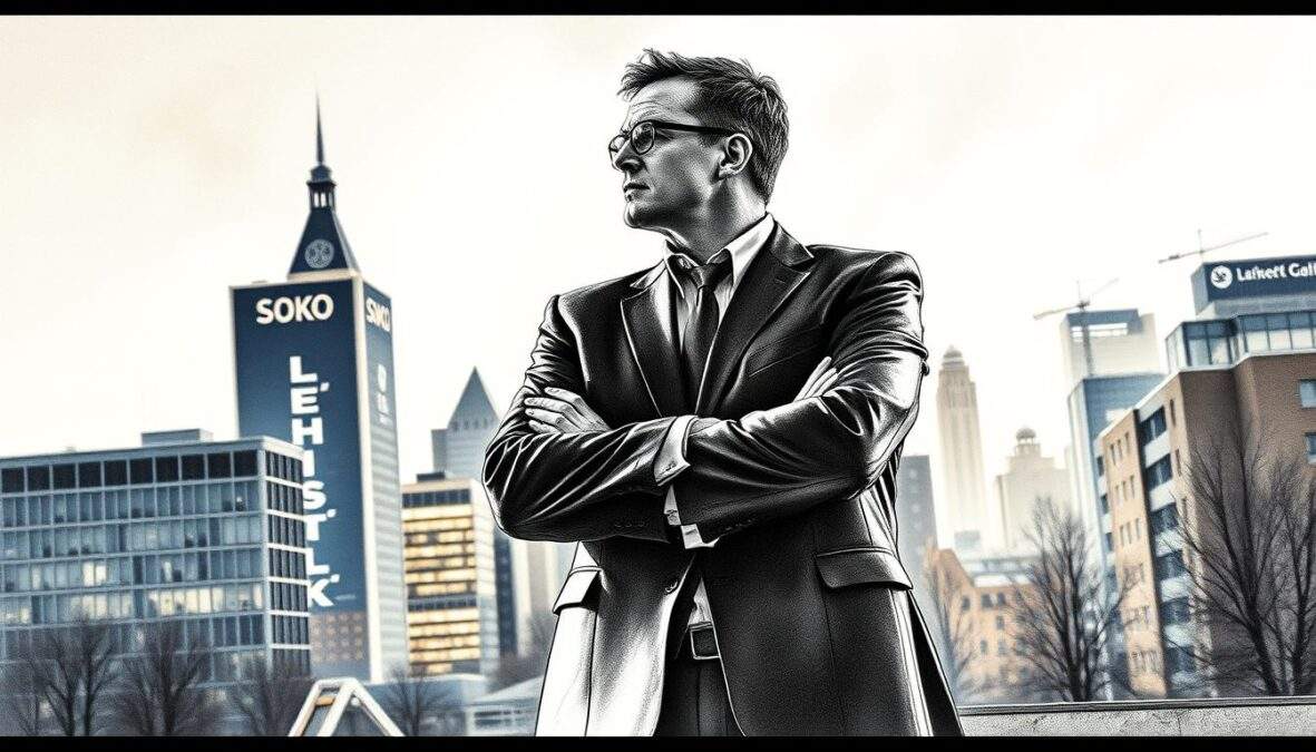 A dramatic, black and white pencil sketch of Steffen Schroeder in a professional business suit, standing thoughtfully with his arms crossed, gazing out over the city skyline of Leipzig. In the background, subtle hints of the iconic SOKO Leipzig set softly illuminated, blending realistic elements with artistic flair, while keeping the focus on Schroeder. Accents of color in shades of deep blue and muted gold softly highlight his suit and the urban landscape, creating a sense of intrigue and professionalism. The atmosphere is contemplative and slightly melancholic, reflecting the theme of transition and change, with soft shadows emphasizing the emotional depth of the moment. The angle is slightly low, giving a sense of stature and presence. A dramatic, black and white pencil sketch of Steffen Schroeder in a professional business suit, standing thoughtfully with his arms crossed, gazing out over the city skyline of Leipzig. In the background, subtle hints of the iconic SOKO Leipzig set softly illuminated, blending realistic elements with artistic flair, while keeping the focus on Schroeder. Accents of color in shades of deep blue and muted gold softly highlight his suit and the urban landscape, creating a sense of intrigue and professionalism. The atmosphere is contemplative and slightly melancholic, reflecting the theme of transition and change, with soft shadows emphasizing the emotional depth of the moment. The angle is slightly low, giving a sense of stature and presence.